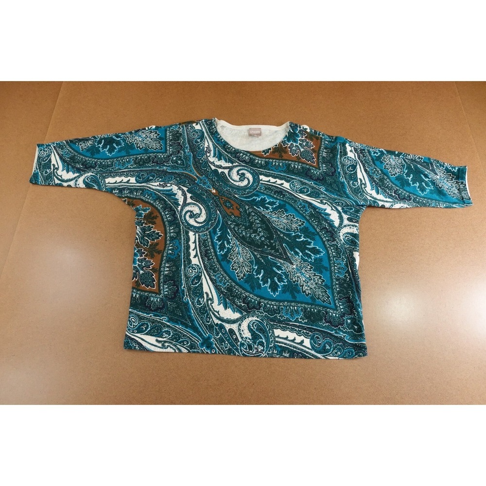 Chicos Womens Medium Green Blue Paisley Knit Round‎ Neck Pullover Sweater New